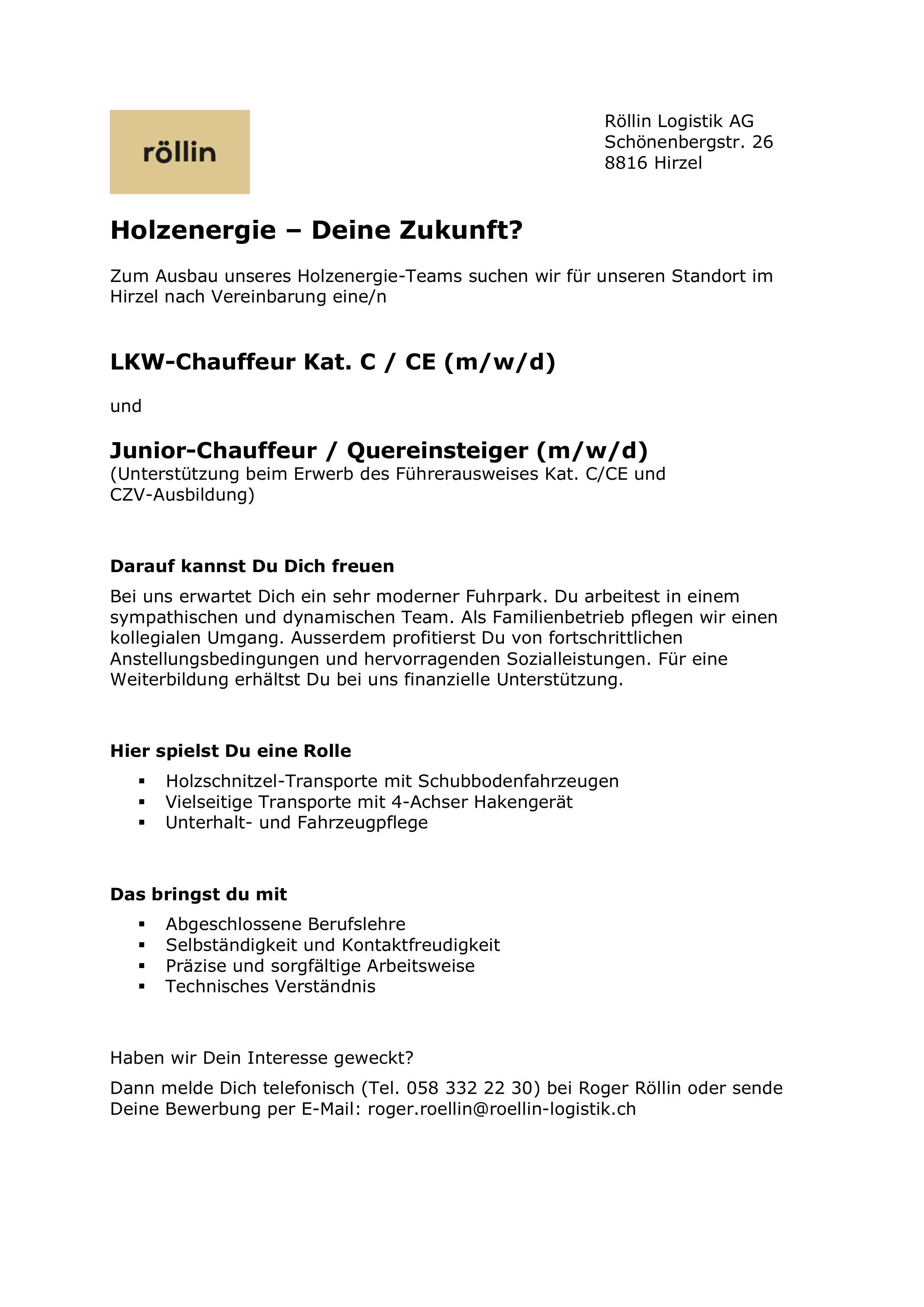 Stelleninserat Röllin Logistik AG Holzenergie 03 10 2024