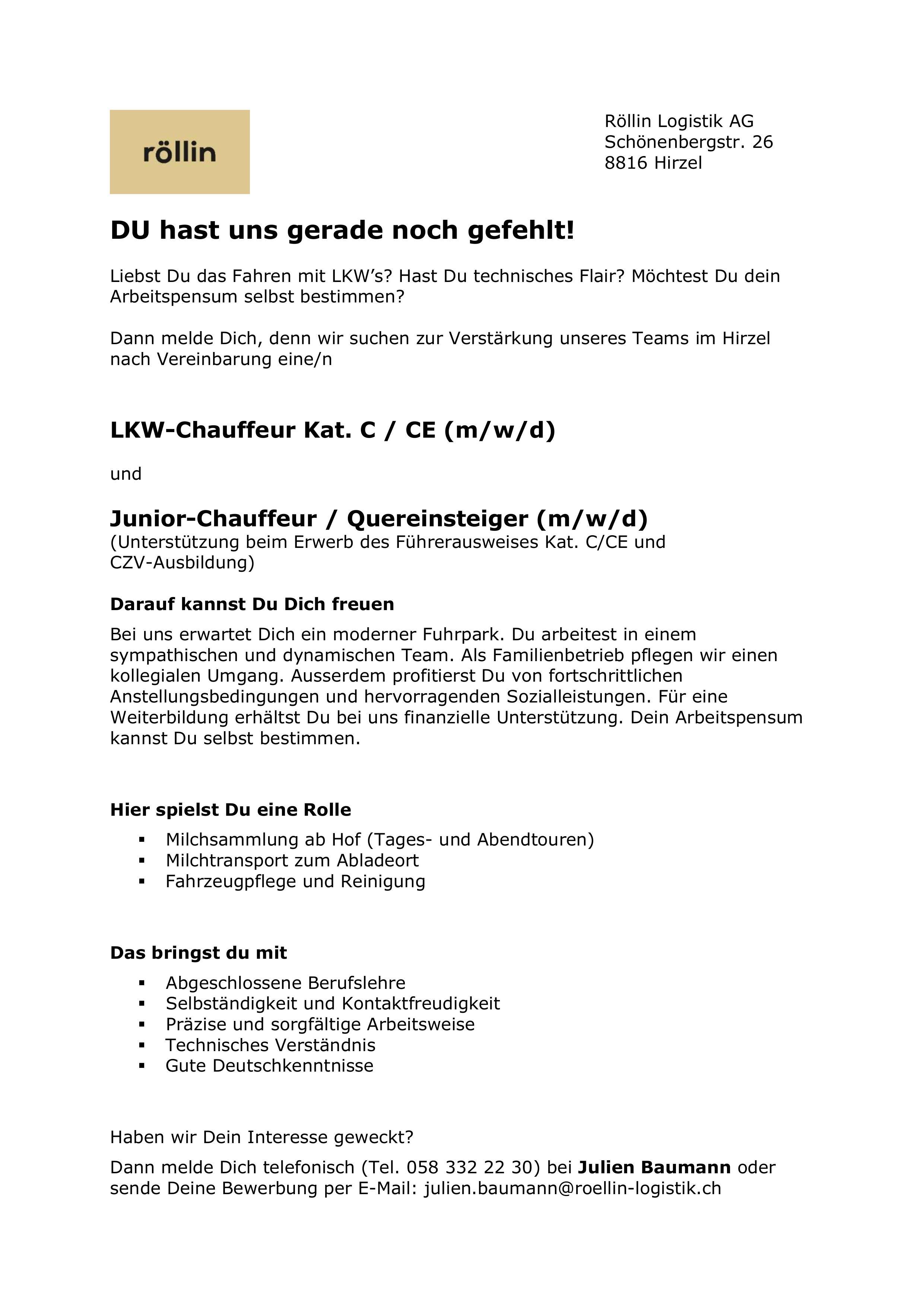 Stelleninserat Röllin Logistik AG Milch 08 05 2024 p df